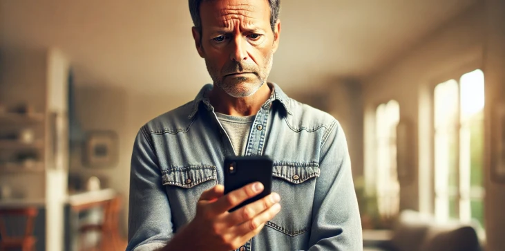 A frustrated man looking at his phone